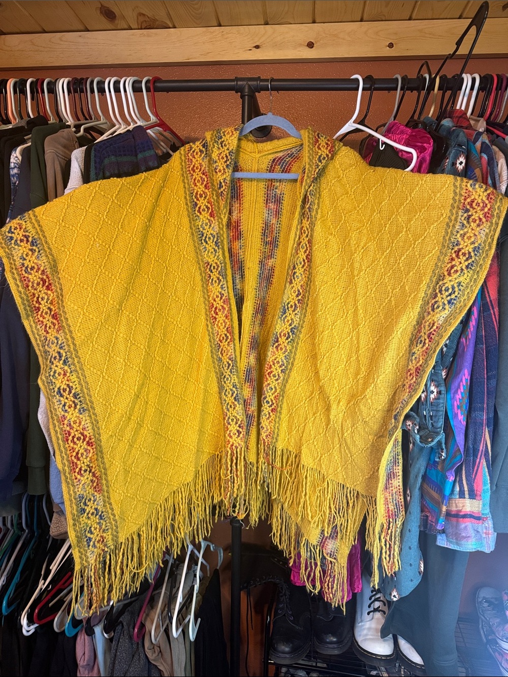 Yellow Knit Fringe Poncho with Multicolor Trim
